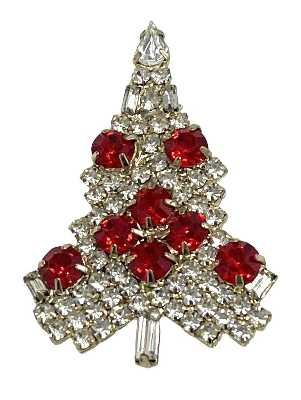 Vintage Christmas Tree White & Red Rhinestone Brooch